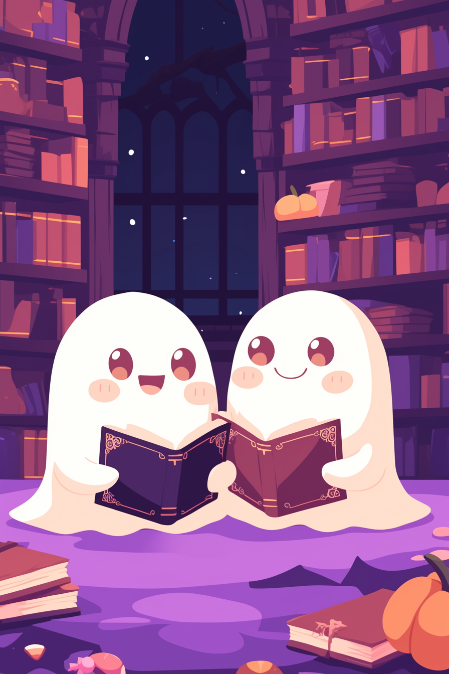 cute halloween drawings for kids featuring two adorable ghosts reading books in a haunted library, with a backdrop of shelves filled with books under a starry night window.